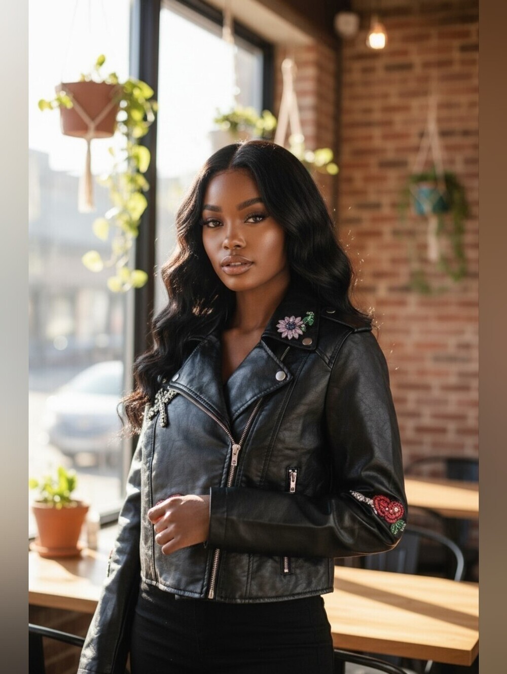 Forever 21 Black Faux Leather Moto Jacket Rhinestone Patches Small